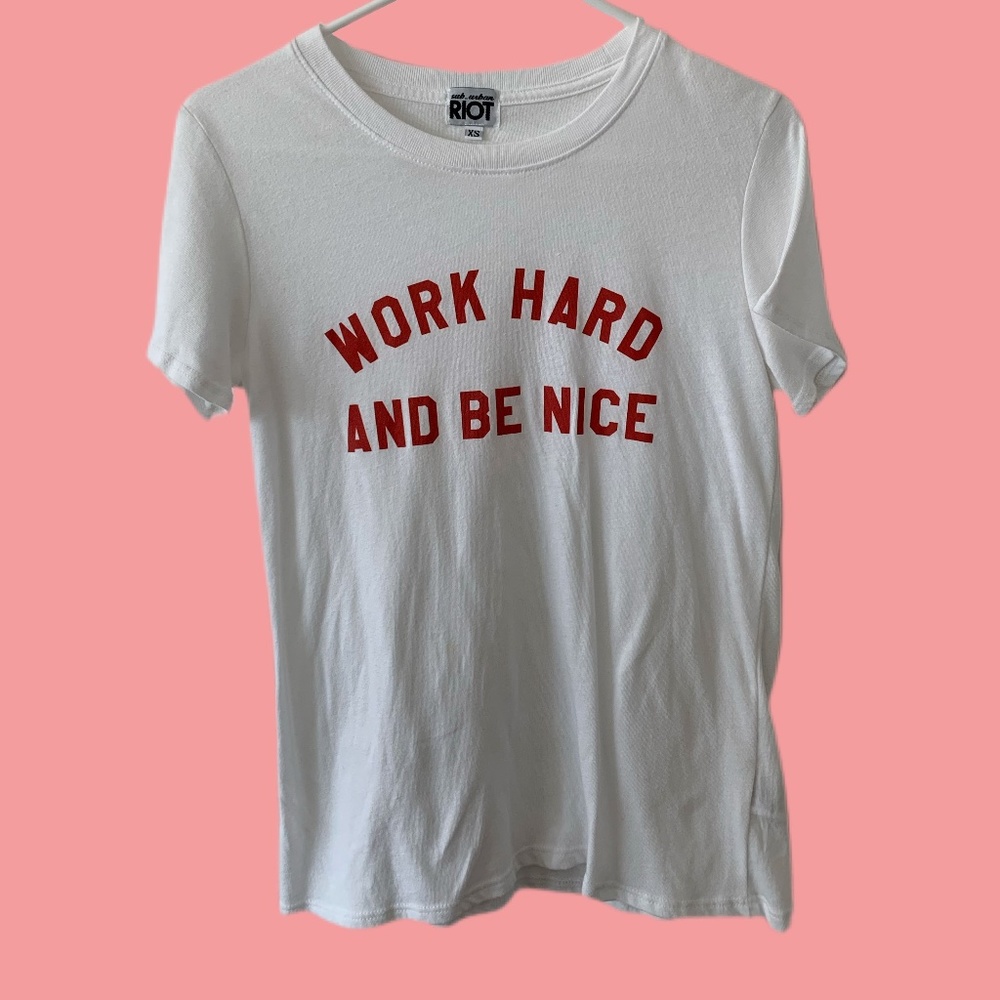 White tee with bold red lettering